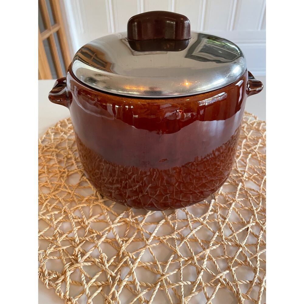 Vintage West Bend Glazed Stoneware Crock with Stainless Steel Lid